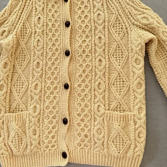 Vintage Irish Wool Sweater Hand Knit Cardigan Collar Ivory Chunky Fisherman READ - Picture 16 of 16